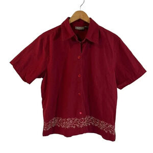 Jane Ashley Rust Red Beaded Top Size Large Button Up Collared Short Sleeve Shirt
